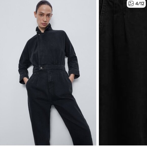 Zara Black Denim Lyocell Cotton Jumpsuit Long Sleeve Utility Boiler Suit Size XS - Picture 3 of 14